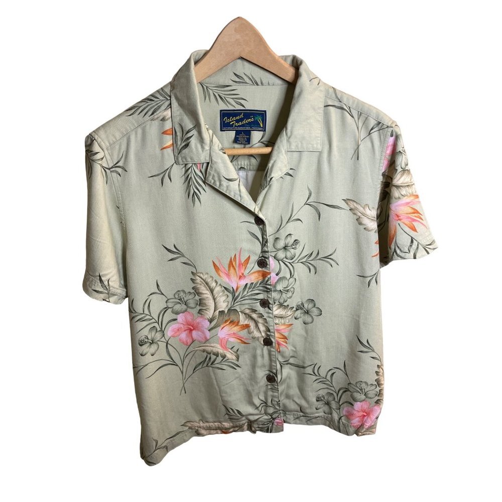 Island Traders Green Tropical Short Sleeved Button Up Top Sz L